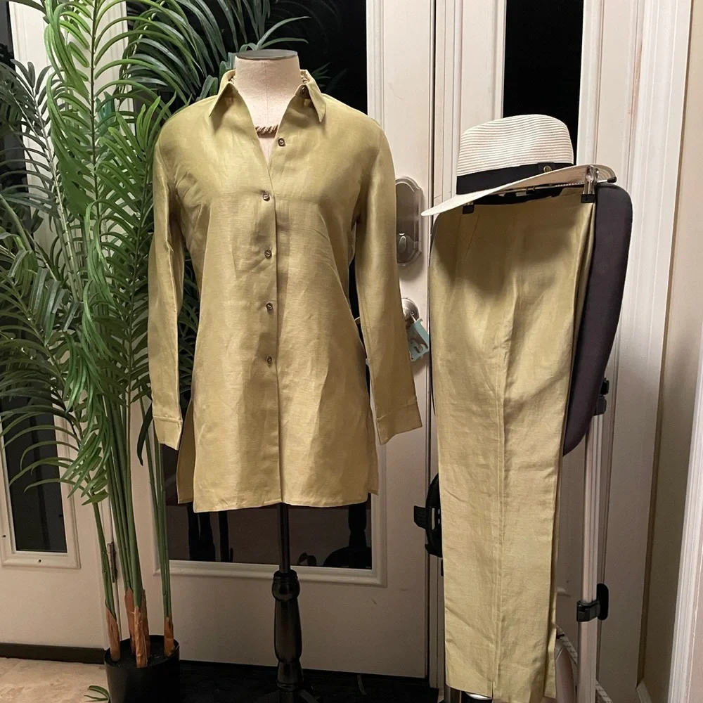 Sigrid Olsen Chartreuse Silk Linen Pantsuit Set Extra Small/4P Pristine 🌴 ✨✨ - Picture 7 of 16